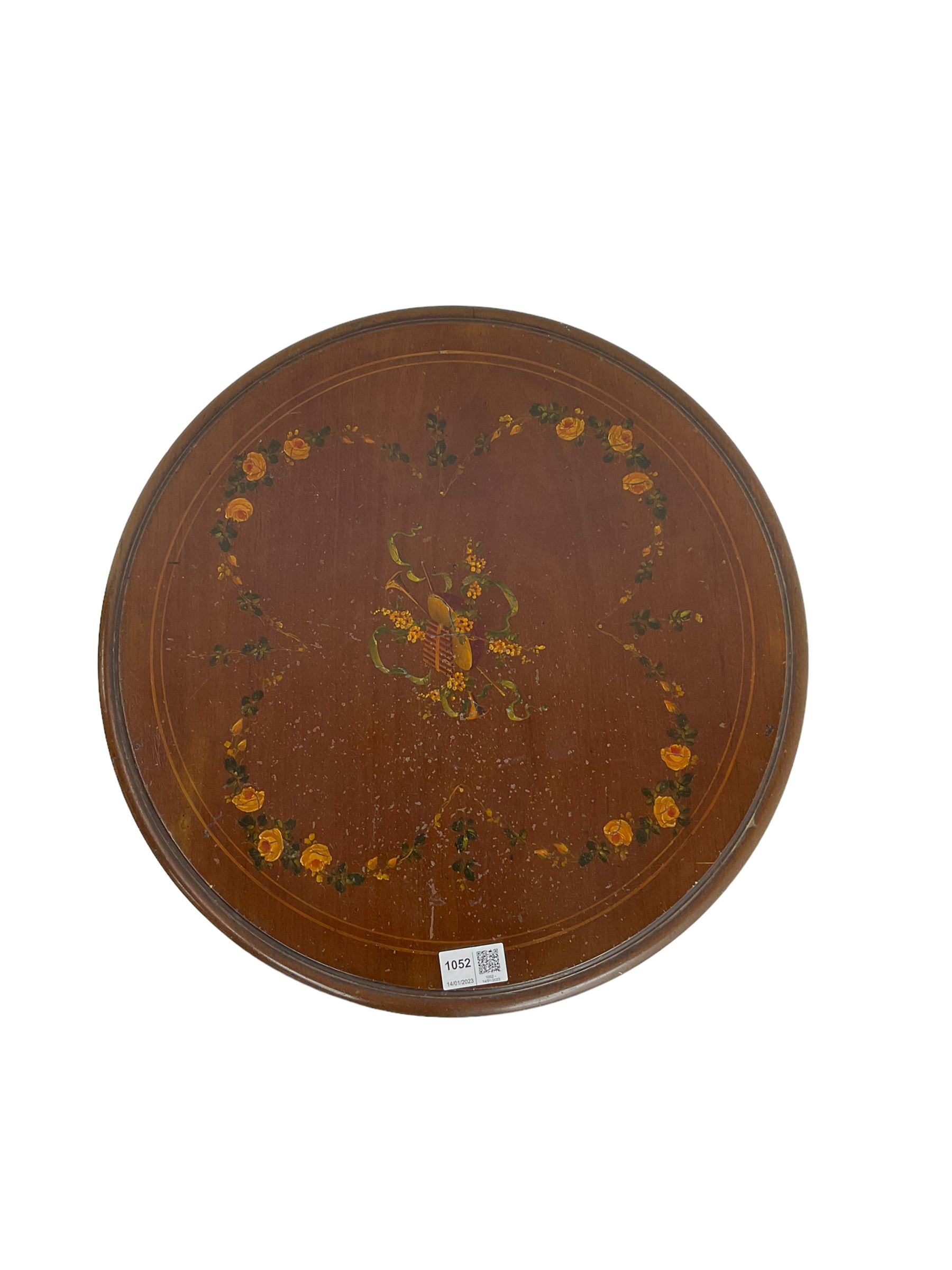 Greenwood and Sons York - early 20th century mahogany side or lamp table, decorated with floral garlands and central musical instrument motifs, with square tapering supports joined by an under-tier 