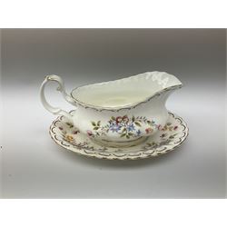 Royal Albert Old Country Roses pattern tea set, comprising teapot, coffee pot, six teacups and six saucers, five side plates, further teacup with joined saucer and side plate, open sucrier, milk jug, cake plate, and preserve pot and cover, together with Royal Albert Jubilee Rose pattern sauce boat and stand, and Royal Albert Lavender Rose pattern cake stand. 