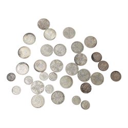 Twenty Great British pre-1947 silver one florin or two shilling coins, eight pre-1947 silver sixpence coins, George IV silver one shilling coin, and three Queen Victoria silver one shilling coins