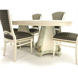 Italian style dining table, oval top with green marble finish spandrels, gilt scroll work and detail, central stepped lozenge motif, on two concaved square tapering pedestals with fluted uprights mounted with gilt acanthus scrolls (W198cm, H74cm, D130cm) and set five cream and gilt finished dining chairs, upholstered back and seat, turned tapering supports (W50cm)