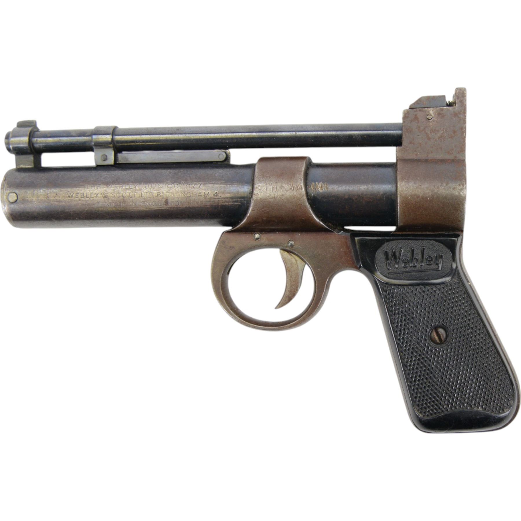 Webley Junior .177 air pistol, batch 385, the air chamber marked 'The Webley 