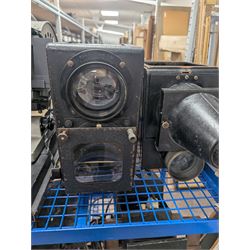Collection of projectors, epidiascopes, magic lantern and similar, including Bell & Howell 621 projector, mahogany and brass magic lantern, Helper 6S projector, Leitz epidiascope, Zeiss epidiascope, Johnson Optiscope, etc