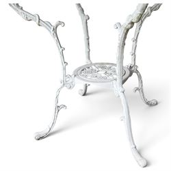 Regency design white-painted aluminium garden table, square pierced top with scrolling acanthus leaf decoration, splayed supports joined by pierced circular under-tier (W75cm H72cm), the chairs with scrolling and floral garland design backs over pierced foliate seats with cabriole supports (W48cm H90)