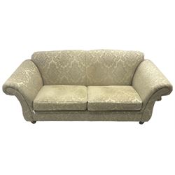 Traditional design three-piece lounge suite - three-seat sofa (W220cm, H90cm, D90cm); two armchairs (W115cm); and two footstools (77cm x 43cm, H31cm); upholstered in cream damask fabric