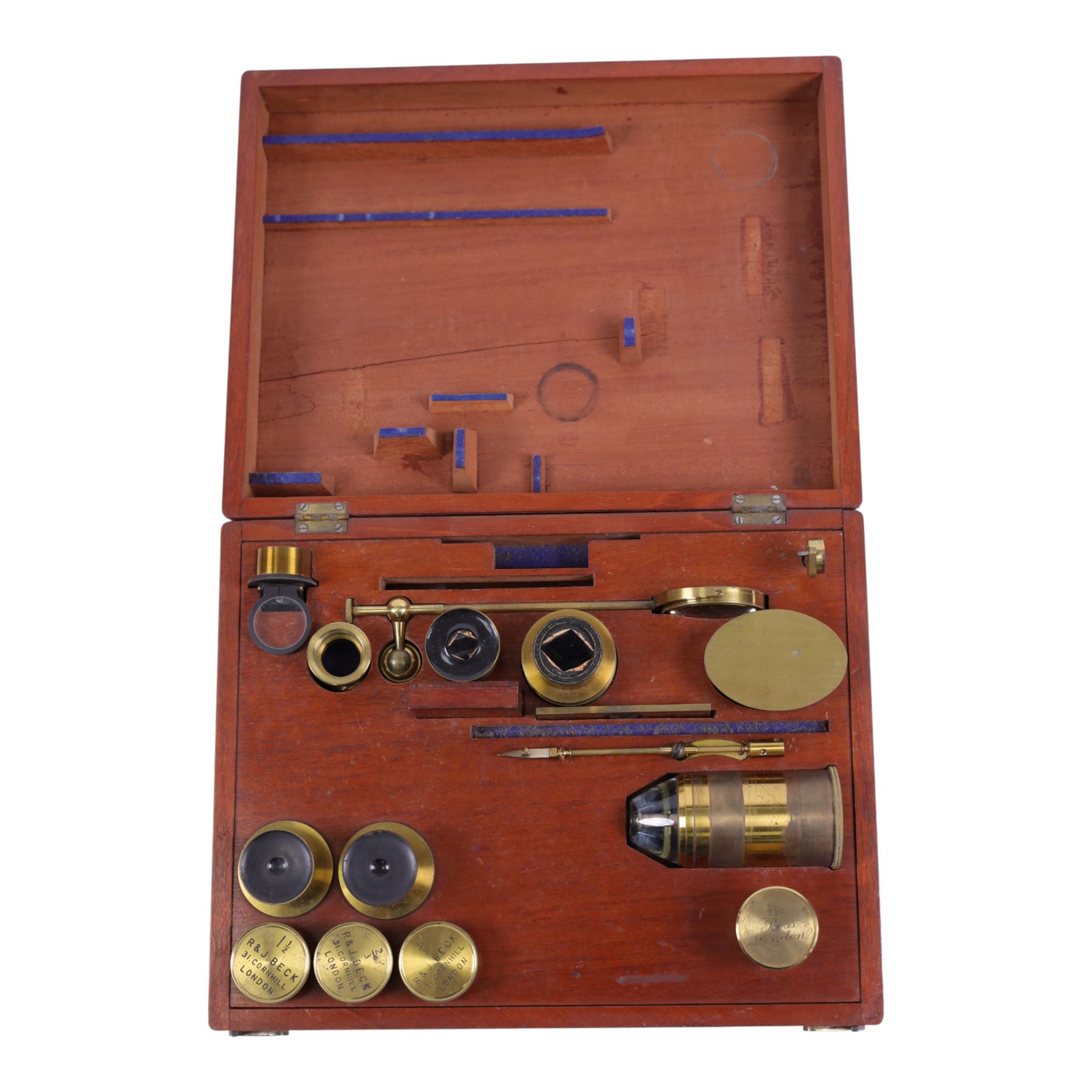 19th century brass binocular microscope by R&J Beck, 31 Cornhill London, numbered 6386, with rack and pinion focusing, housed in wooden case with case of accessories, including eyepieces, objective lenses and condenser