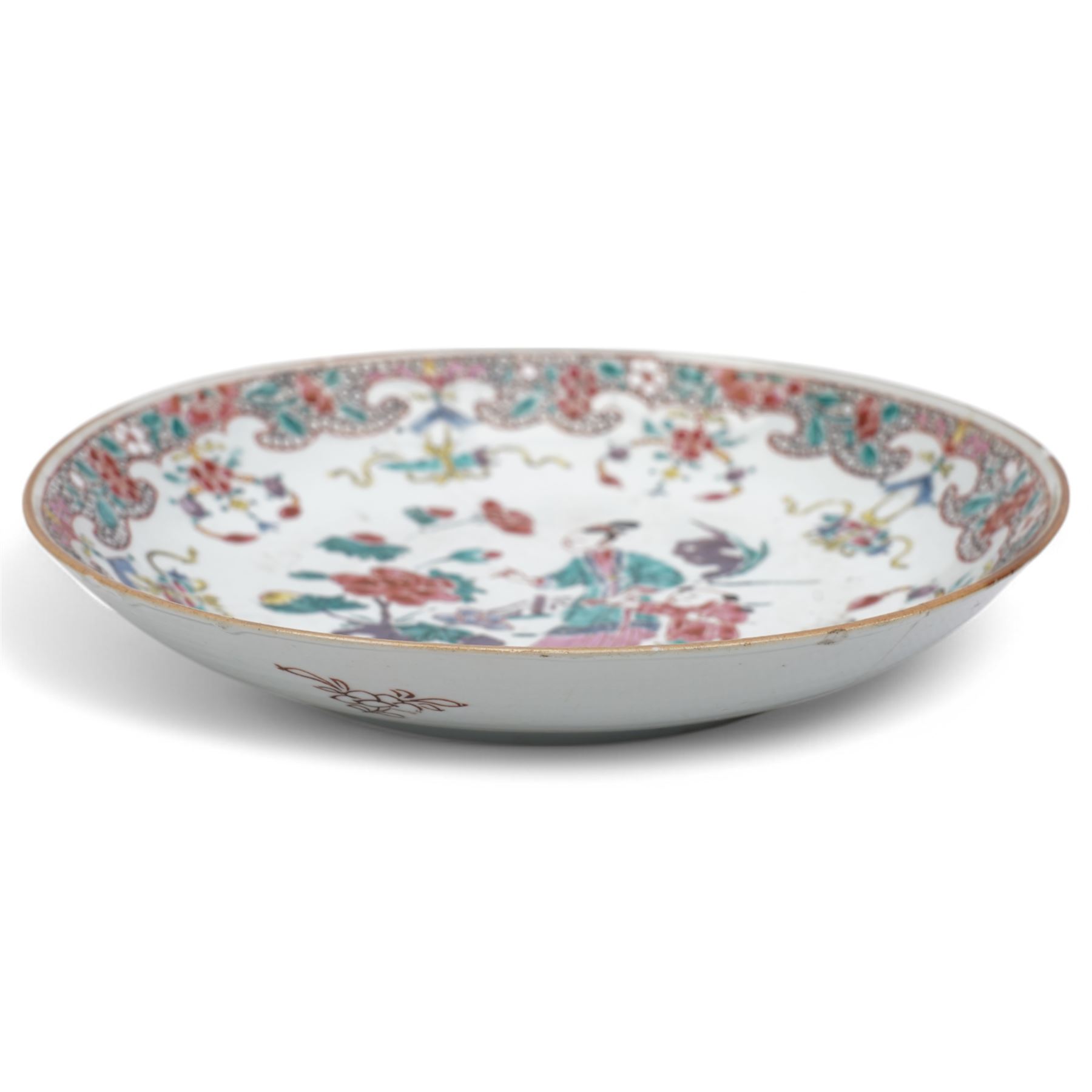 Chinese famille rose bowl, possibly Yongzheng period, decorated with mother and child, with enamelled floral decoration and foliate boarder, D22cm 