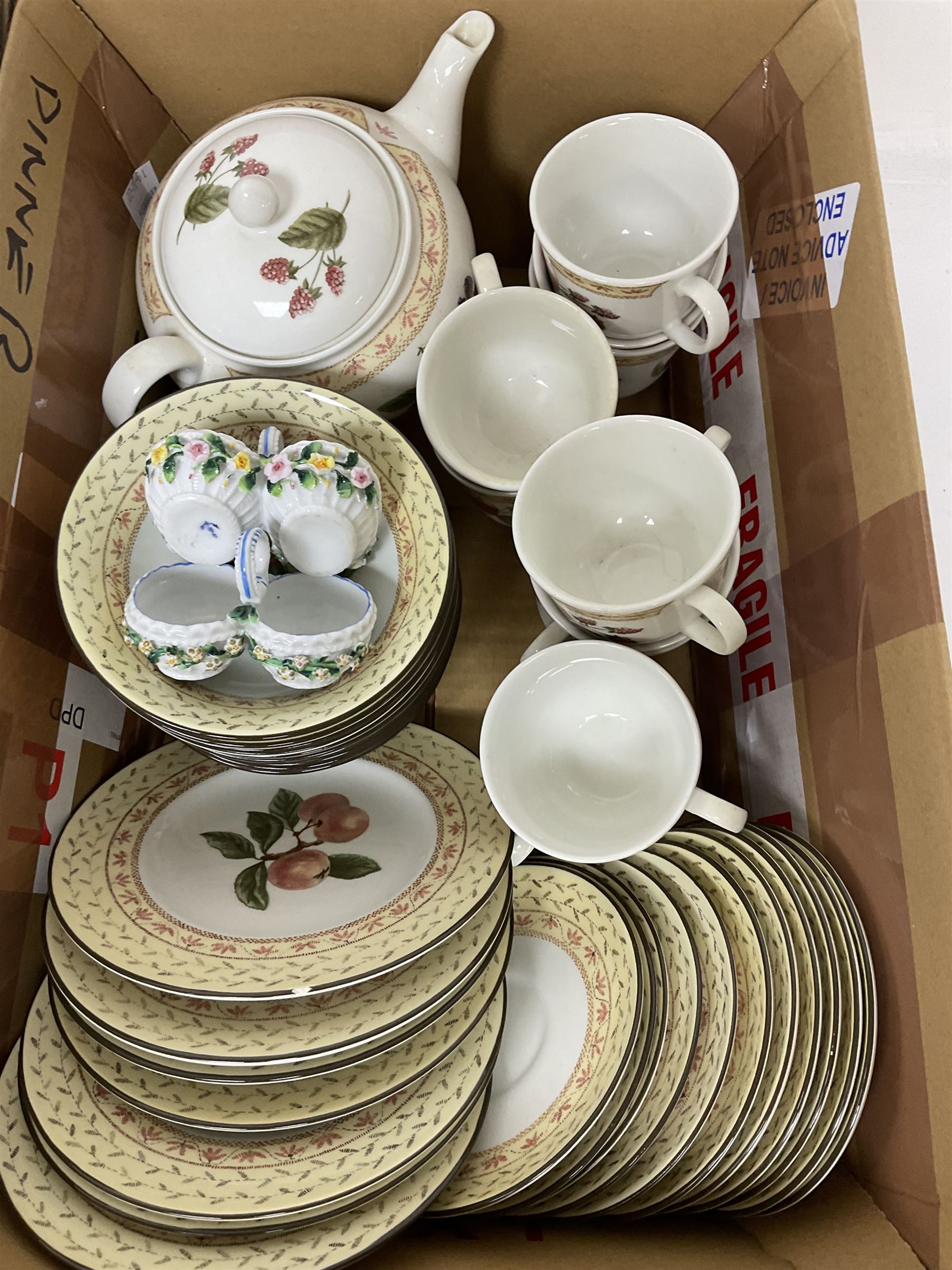 Limited edition Royal Doulton The Dambusters tankard, The Royal Air Force Museum Wings of Destiny tankard with certificate, and further Flying for Victory tankard, Johnson Brothers Fruit Sampler pattern tea and dinnerware, Poole dolphin and other animal figures, other ceramics etc in three boxes