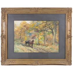 John Atkinson (Staithes Group 1863-1924): Horses Logging in Autumn, watercolour signed 24cm x 34cm 