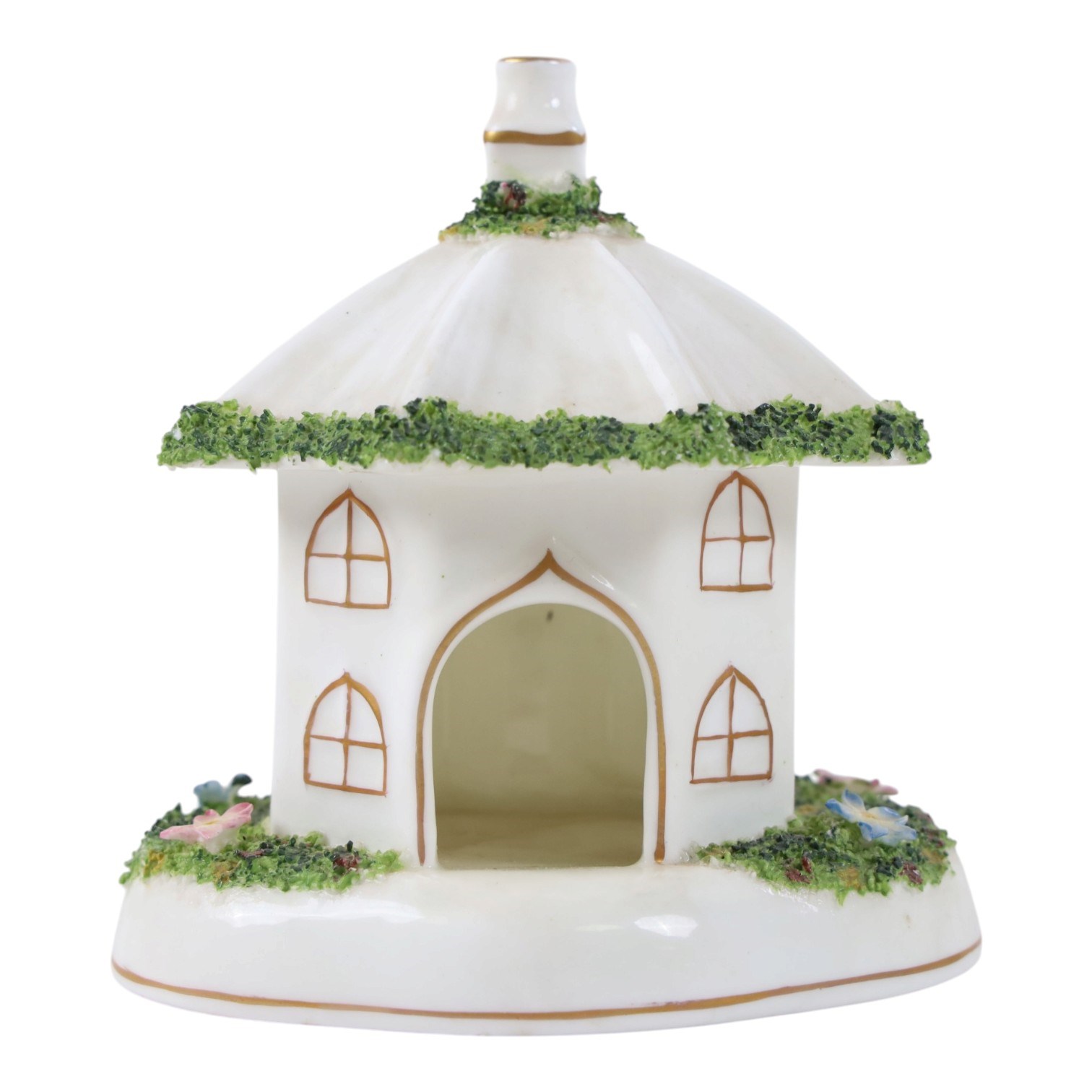 Collection of Coalport items, comprising floral mantel clock, houses including 'Park Lodge' 'The Umbrella House' 'Keepers Cottage', Coalbrookdale floral jar, and others; Kingmaker mouse ornament; Egyptian-style granite Bastet cat ornament, in one box