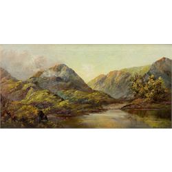 Prudence Turner (Scottish 1930-2007): Mountainous Highland Lake Landscape, oil on canvas signed 50cm x 101cm