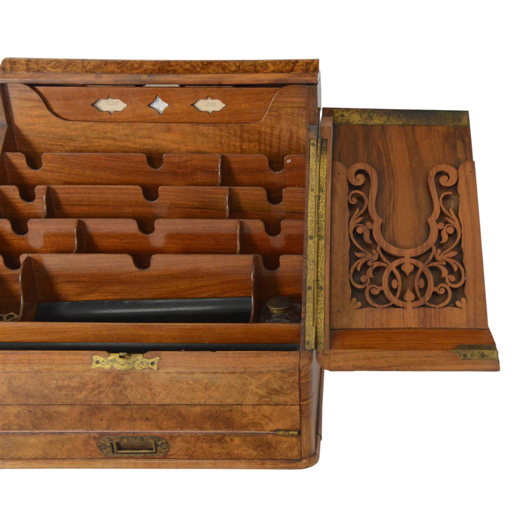 19th century burr walnut correspondence box, the sloped front opening to reveal a fitted interior with perpetual calendar, letter racks, and pen tray between two inkwell recesses, above a pull out draw with recessed brass handle, H41cm L40.5cm D28.5cm
