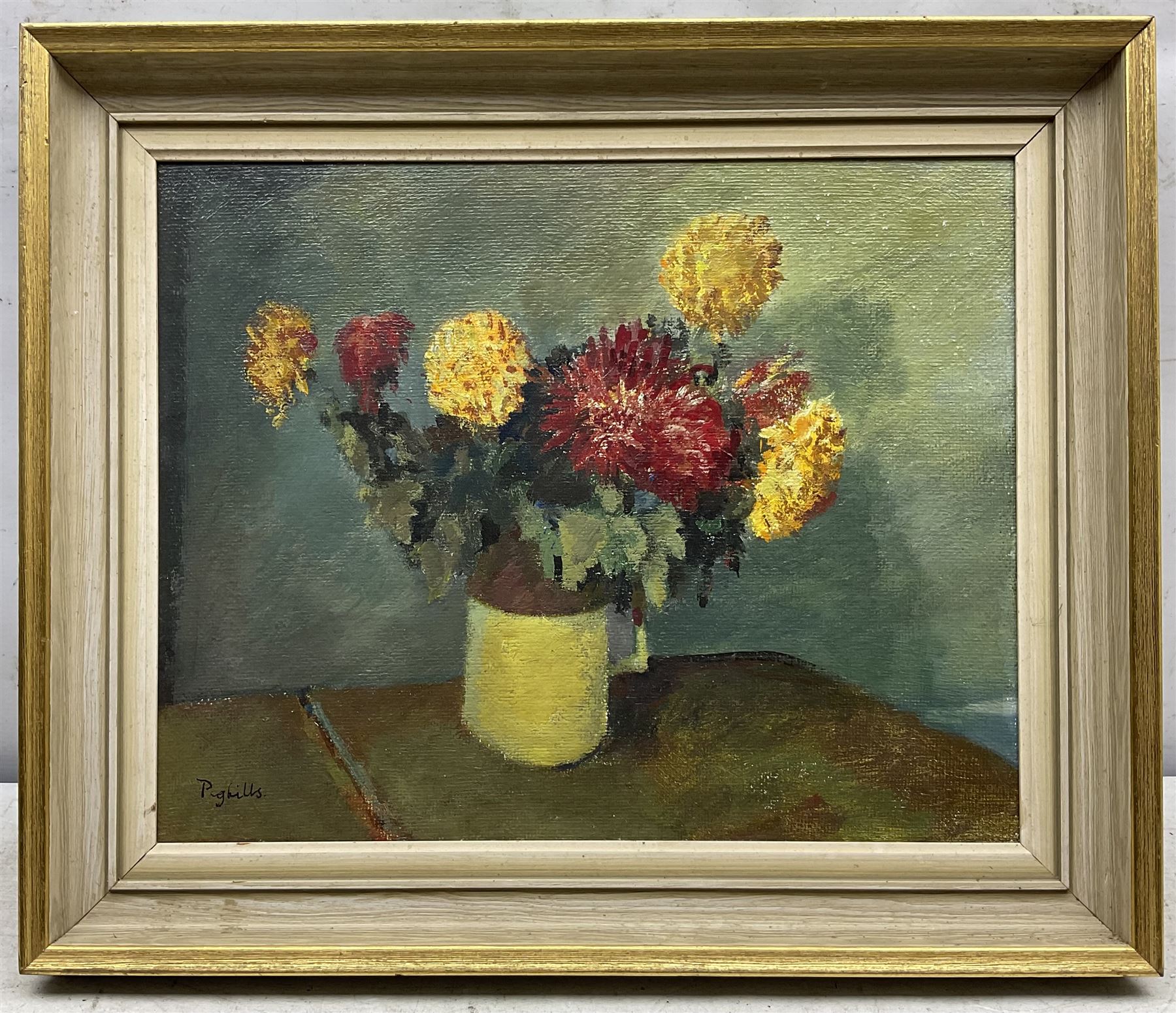 Joseph Pighills (British 1902-1984): Still Life of Dahlia Flowers in a Mug, oil on board signed 30cm x 38cm
