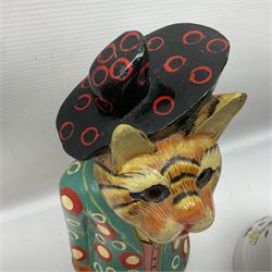 Carved wooden painted cat figure, pink ceramic Japanese style vase, and an Old Tupton Ware ceramic trinket box, etc