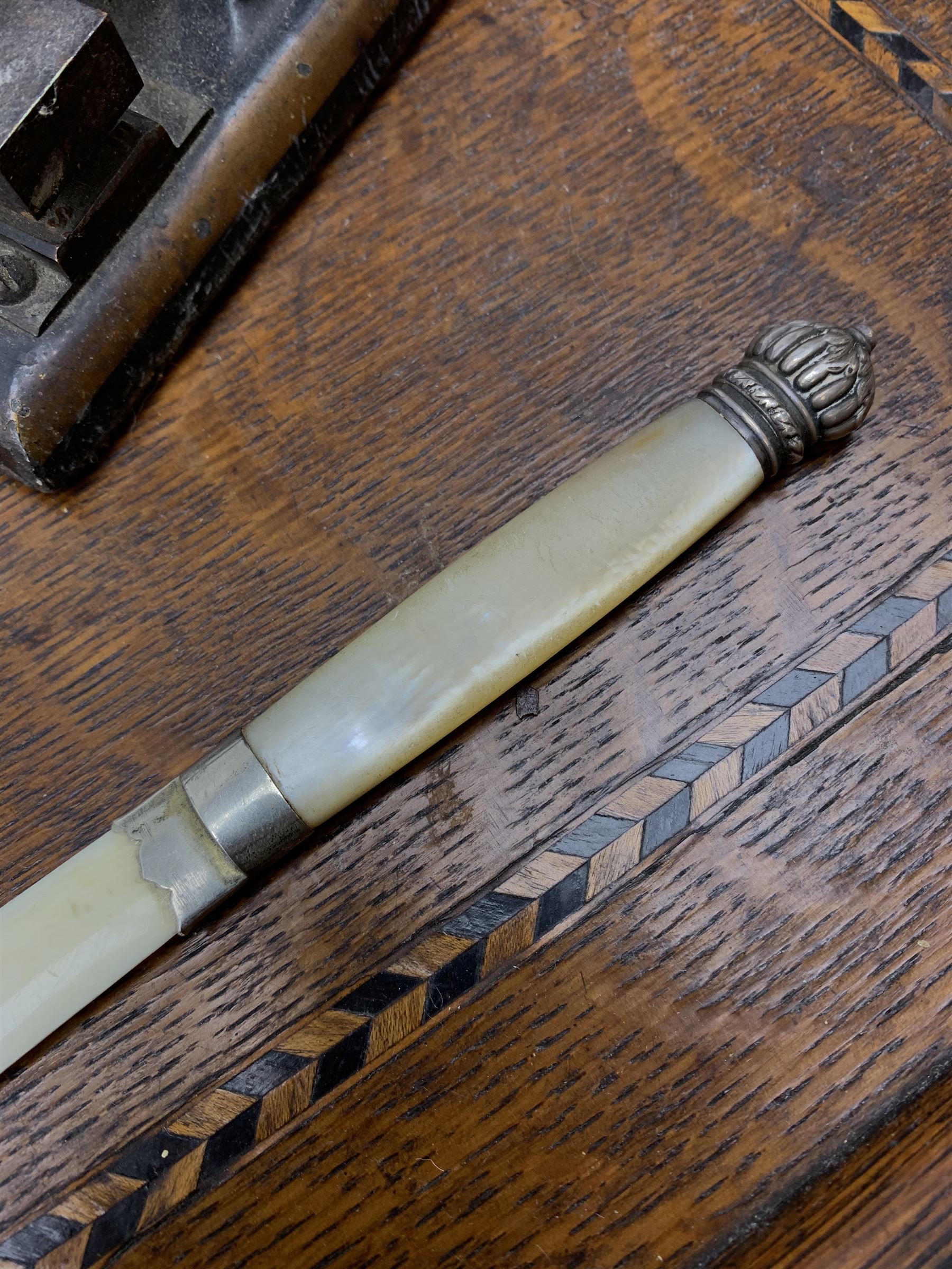 Antique postal scales, mother of pearl handled letter opener, twin handled tray with inlaid decoration and other miscellaneous items