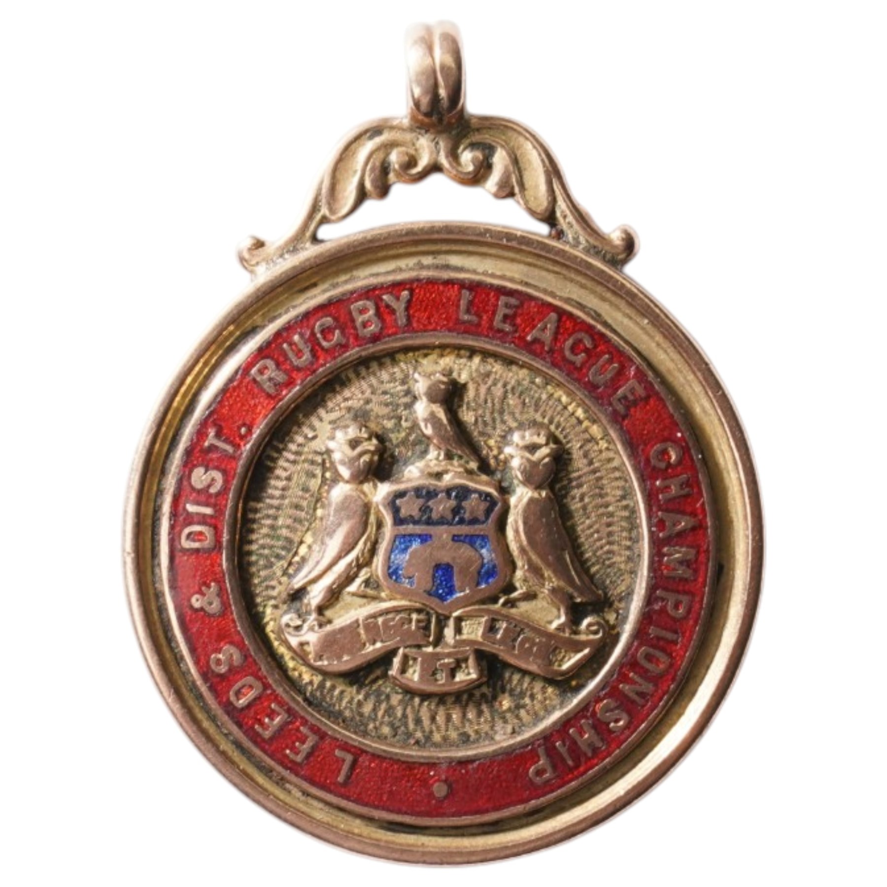 9ct rose gold enamelled 'Leeds & Dist Rugby League Championship' fob medallion, Birmingham 1928