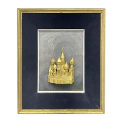 William Tolliday yellow metal study of a Russian Church, upon painted background within ve...