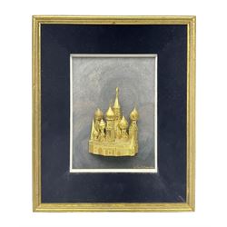  William Tolliday yellow metal study of a Russian Church, upon painted background within velvet and gilt wood frame, signed and dated to corner, H31cm