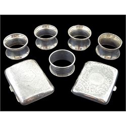Two silver cigarette cases and five silver napkin rings, all hallmarked, approx 6.5oz