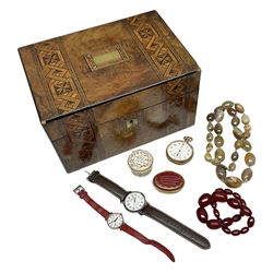Collection of jewellery including agate beaded necklace, cherry amber type bead necklace, gold-plated Elgin lever pocket watch, beaded necklaces, wristwatches and two Halcyon Days trinket boxes, in a walnut box with marquetry inlay 