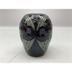 Moorcroft Rennie Rose pattern vase of ovoid form, decorated in purple with Art Nouveau inspired flowers and leaves to a panelled grey ground, by Rachel Bishop, dated 2013, price label covering stamps and marks beneath, H9cm