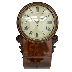 English 8-day mahogany single train fusee wall clock, with a four-pillar movement, 12” dial and cast brass bezel, circular mahogany bezel, carved earpieces and curved base with pendulum adjustment door, unsigned painted dial with Roman numerals, minute track and steel spade hands.  With pendulum.