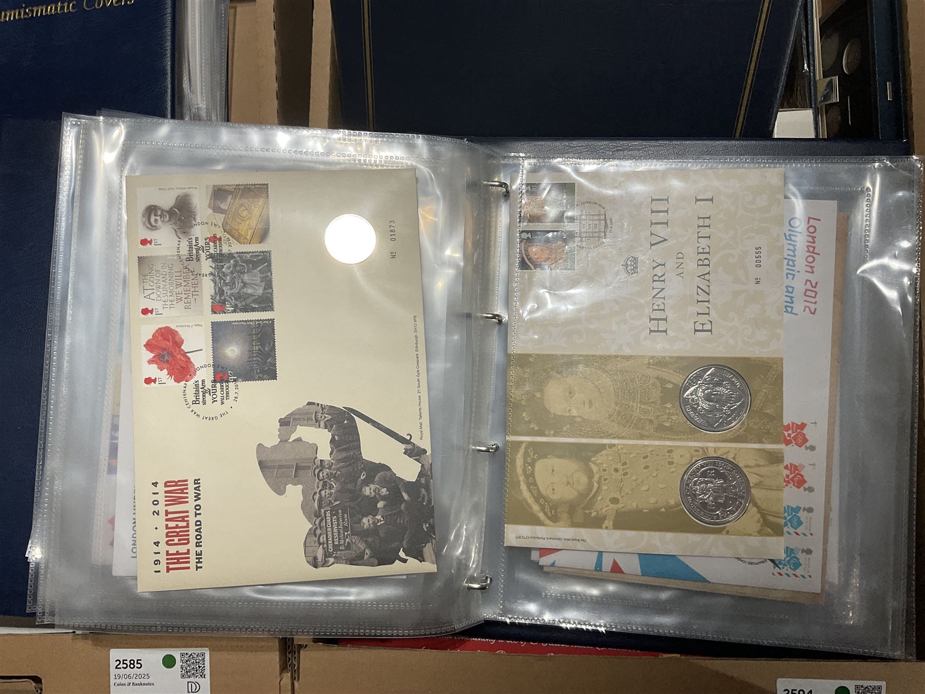 Approximately one hundred and fifteen Royal Mint coin covers, in two ring binder folders and loose, together with approximately 53 grams of Great British pre-1920 and approximately 68 grams of Great British pre-1947 silver threepence coins, and a small quantity of further pre-decimal coins