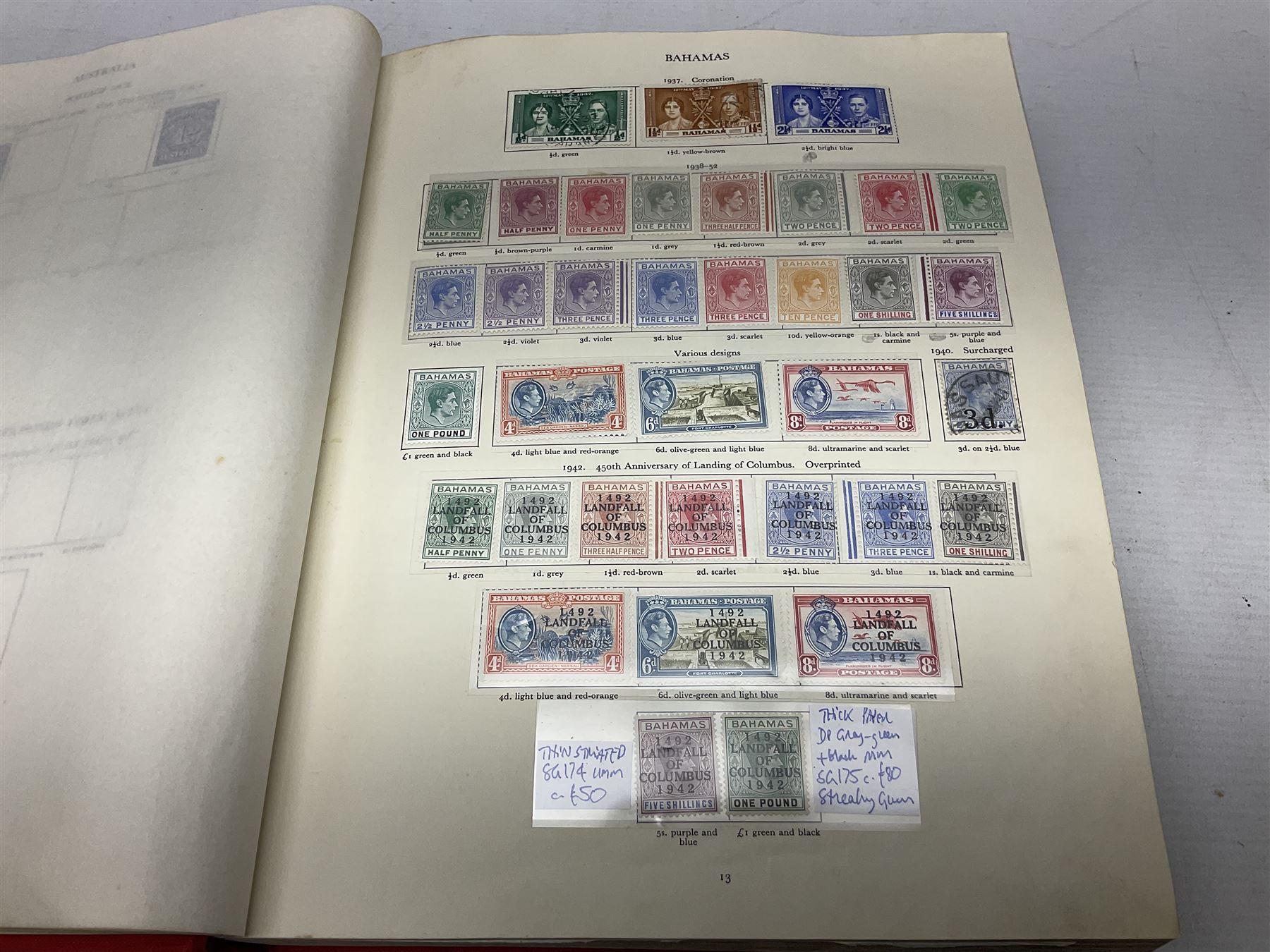 Single album collection of King George VI stamps, including Aden, Antigua, Ascension, Australia, Bahamas, Bahrain, Barbados, Basutoland, Bechuanaland, Bermuda, British Solomon Islands, Brunei, Burma, Cayman Islands, Dominica, Falkland Islands, Gambia, Gilbert and Ellice Islands, Gold Coast, Great Britain 1939-48 set to one pound including ten shilling dark blue, Grenada, Hong Kong, India, Ireland, Jamaica, Leeward Islands, Malta, Mauritius, New Zealand etc