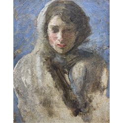 Richard Pikesley RWS PPNEAC (British 1951-): Portrait of a Lady, oil on panel unsigned, indistinctly titled and attributed verso 24cm x 19cm