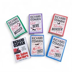 Eight first edition books, comprising signed Bob Mortimer 'And Away' autobiography, signed Richard Coles 'Murder Before Evensong' and six Richard Osman books, including 'The Thursday Murder Club' and 'The Last Devil To Die', with two Richard Osman signed bookplates
