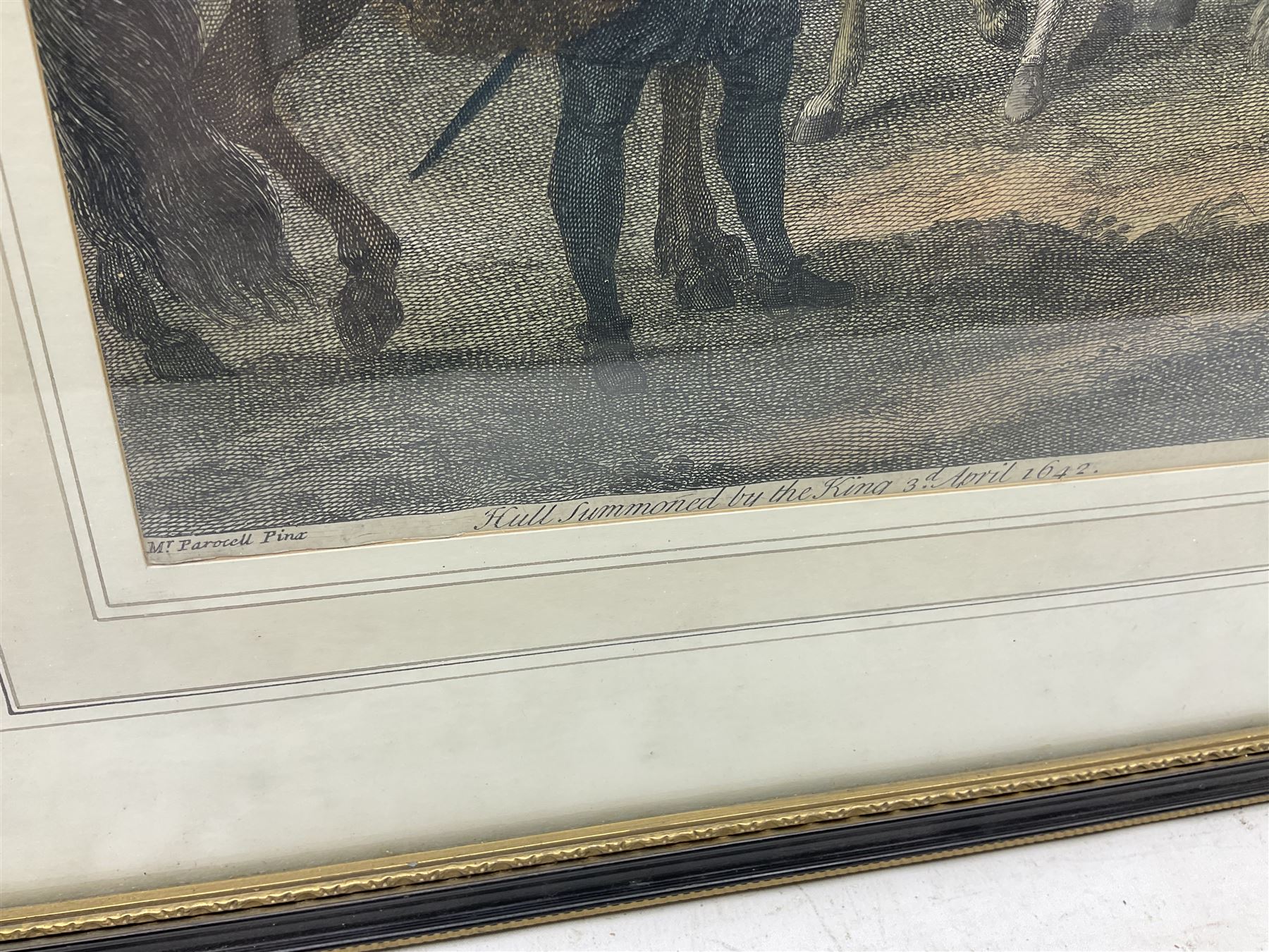 Nicolas-Henri Tardieu (French 1674-1749) after Charles Parrocel (French 1688-1752): 'Hull Summoned by the King 3rd April 1642', engraving with hand colouring pub. T & J Bowles 1728, 37cm x 45.5cm  
