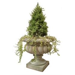  Large composite stone garden urn, wrythen lobed circular body on circular support and square base, D77cm, H66cm  
