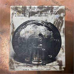 HMS Foudroyant copper tray, with label to reverse, together with a Georgian coin purse, plate D30cm