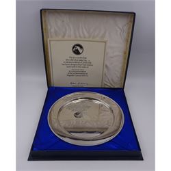 Modern limited edition silver salver, celebrating the achievements of British trained racehorse Brigadier Gerard, of circular form with gadrooned rim and engraving to centre depicting jockey Joe Upton upon Brigadier Gerard, designed by Doris Lindner, limited edition no. 1303/2000, hallmarked William Comyns & Sons Ltd, London 1973, D23cm, in fitted box with limited edition certificate