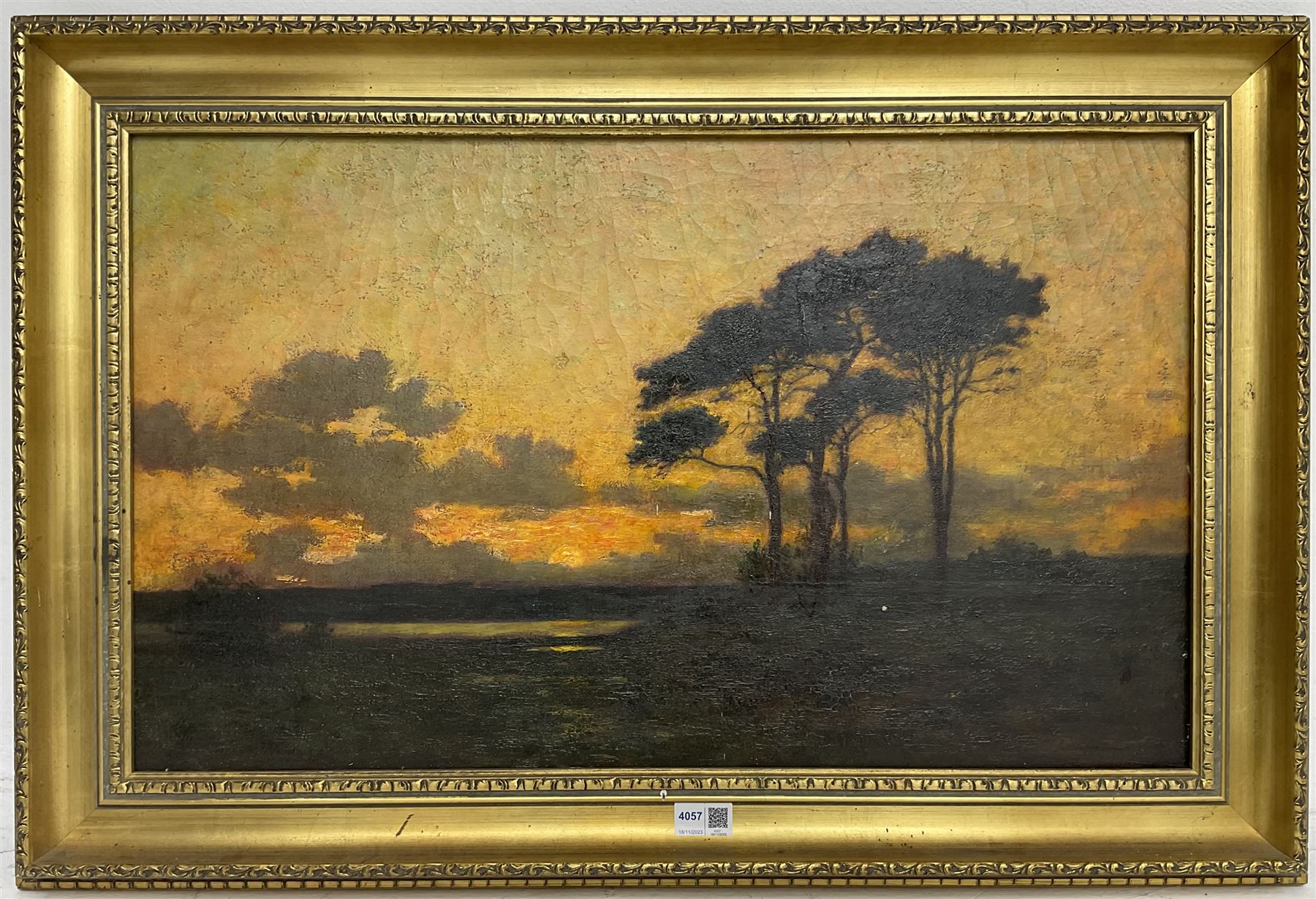 English School (19th century): Sunset over Flatland Landscape with Tree, oil on canvas unsigned 42cm x 70cm