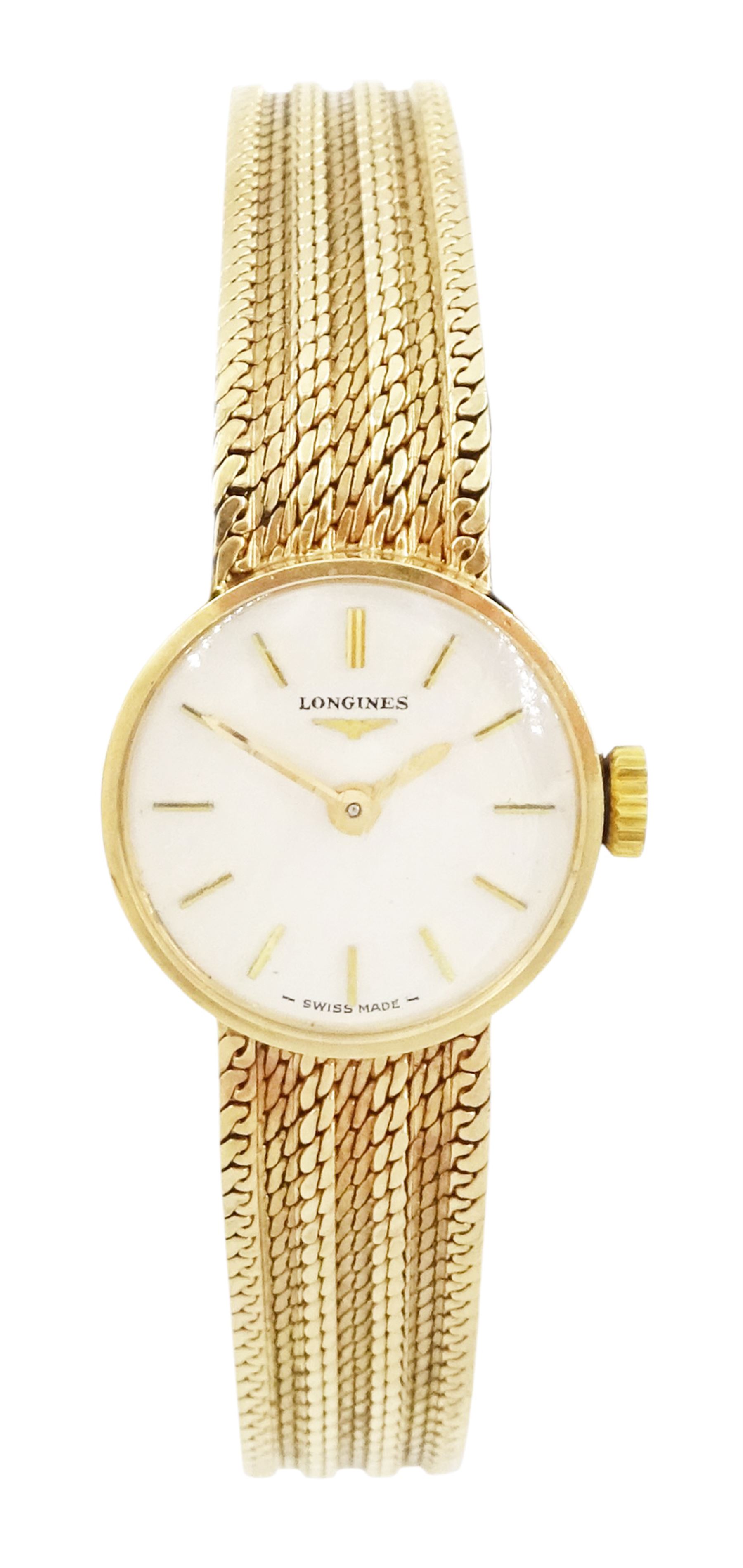 Longines ladies 9ct gold manual wind wristwatch, silvered dial with baton hour markers, London 1965, on integral 9ct gold bracelet, hallmarked
