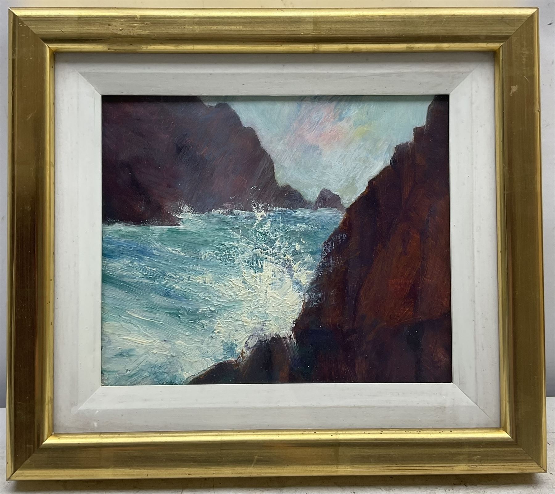 Simon Rivett (Northern British Contemporary): 'Slash Dalbeg' Isle of Lewis Scotland, oil on board, signed dated '04 verso with artist's studio title label 19cm x 23cm
Notes: Simon Rivett trained at Goldsmiths College in London and gained a BA (Hons) in Fine Art. He has been painting landscape from his days as a student, painting the declining industrial landscape of his home in Newcastle, living and working in Lewis and exploring the unique rural landscape of the Outer Hebrides, before moving recently to live in Edinburgh.