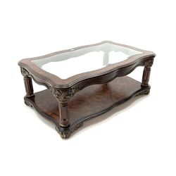 Kevin Charles American walnut rectangular serpentine coffee table , inset glass top, carved column supports joined by undertier 