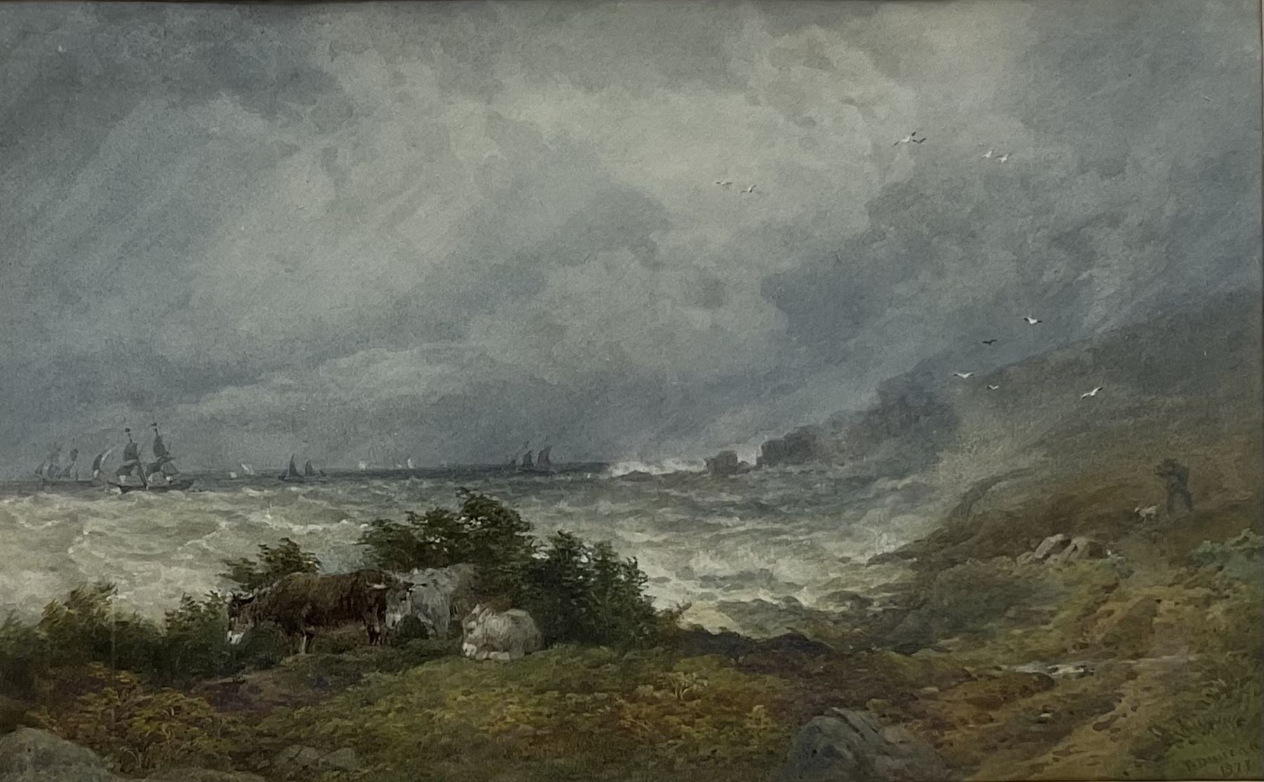 Edward Duncan RWS (British 1803-1882): Donkeys Sheltering from the Storm with Ships Floundering Beyond, watercolour signed and dated 1877, 24cm x 39cm
Provenance: dec'd estate purchased Gerard & Anne O'Farrell Watercolours, Faringdon, Oxfordshire, labelled verso 