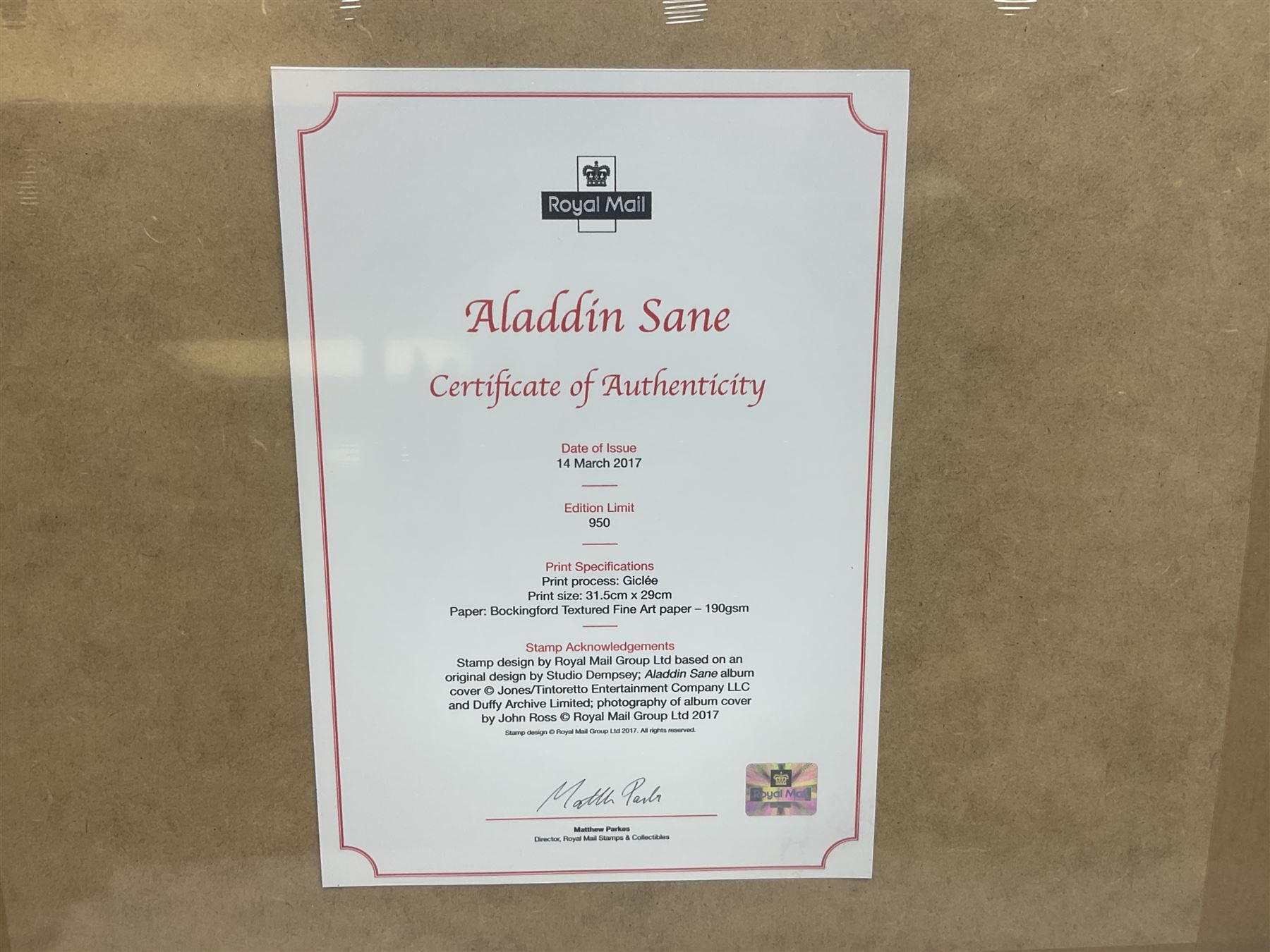 Set of three Royal Mail David Bowie limited edition album stamp prints, comprising Aladdin Sane, Blackstar and Earthling, all framed and in original packaging, H43cm W43cm