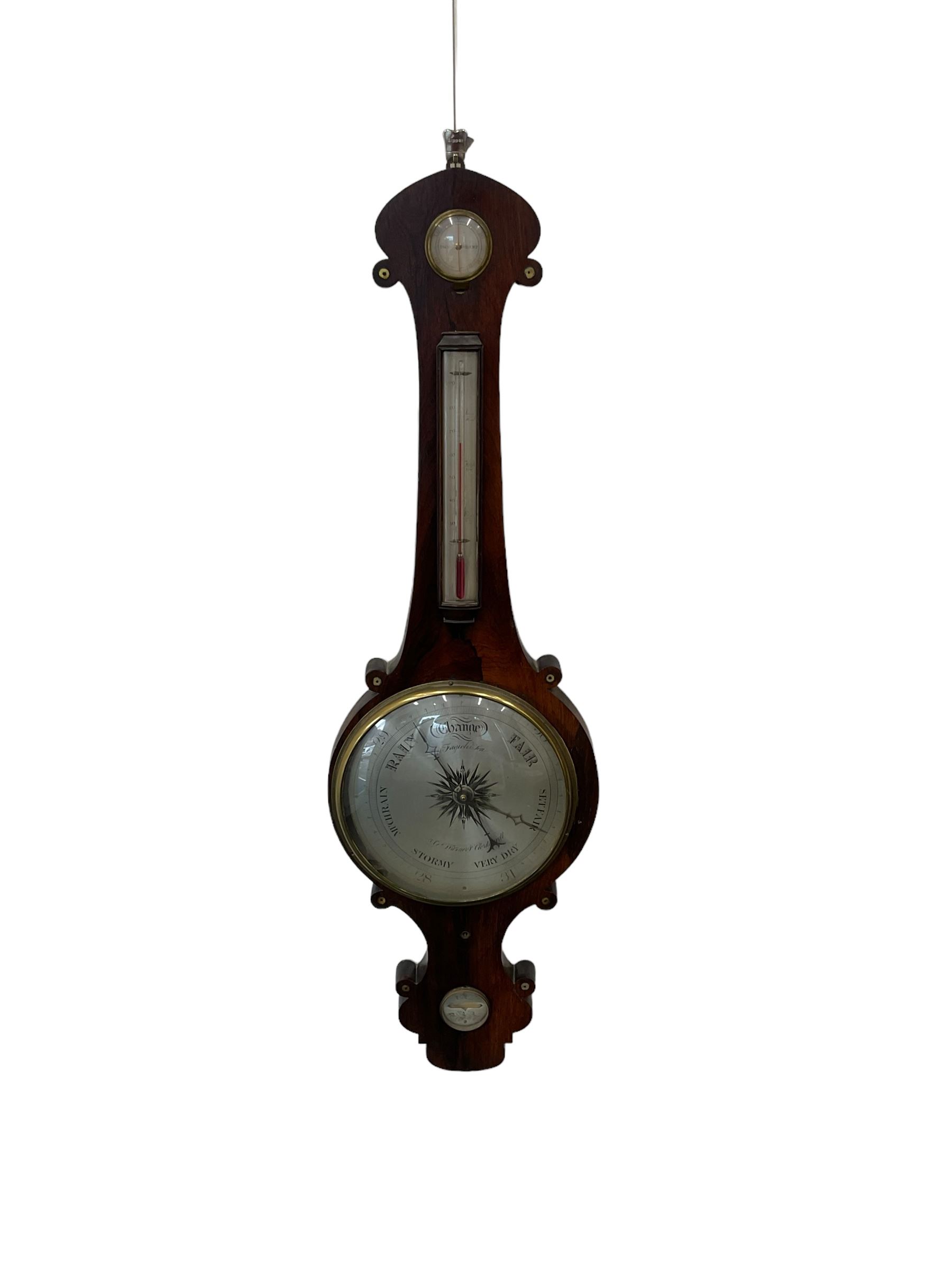 Late 19th century rosewood mercury barometer retailed by G Warners Clerkenwell, with a 10” dial silvered register signed by the Italian maker D Fagioli & son, with hygrometer, level bubble and spirit thermometer, brass recording hand and steel indicating hand.
Mercury tube with counterweights and pulleys intact. Mercury present.
