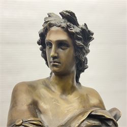 Bronze figure, modelled as a classical male figure in drapery with laurel wreath upon head, upon square marble plinth, overall H76cm