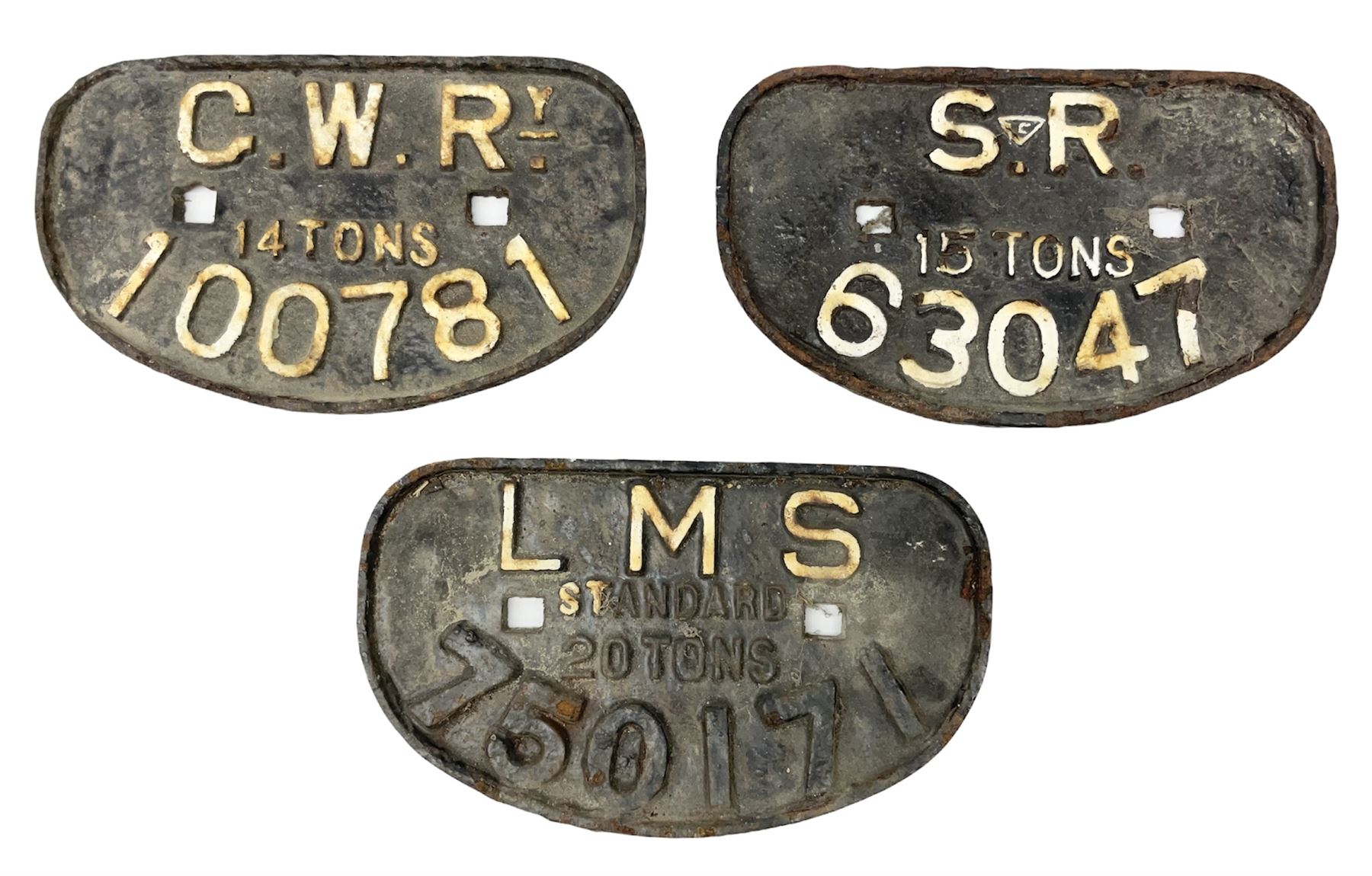 Three cast iron railway wagon plates of D shaped form to include Southern Railway, LMS and GWR, L27.5cm