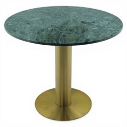 Contemporary marble top pedestal table, green circular marble raised on a brushed brass column  
