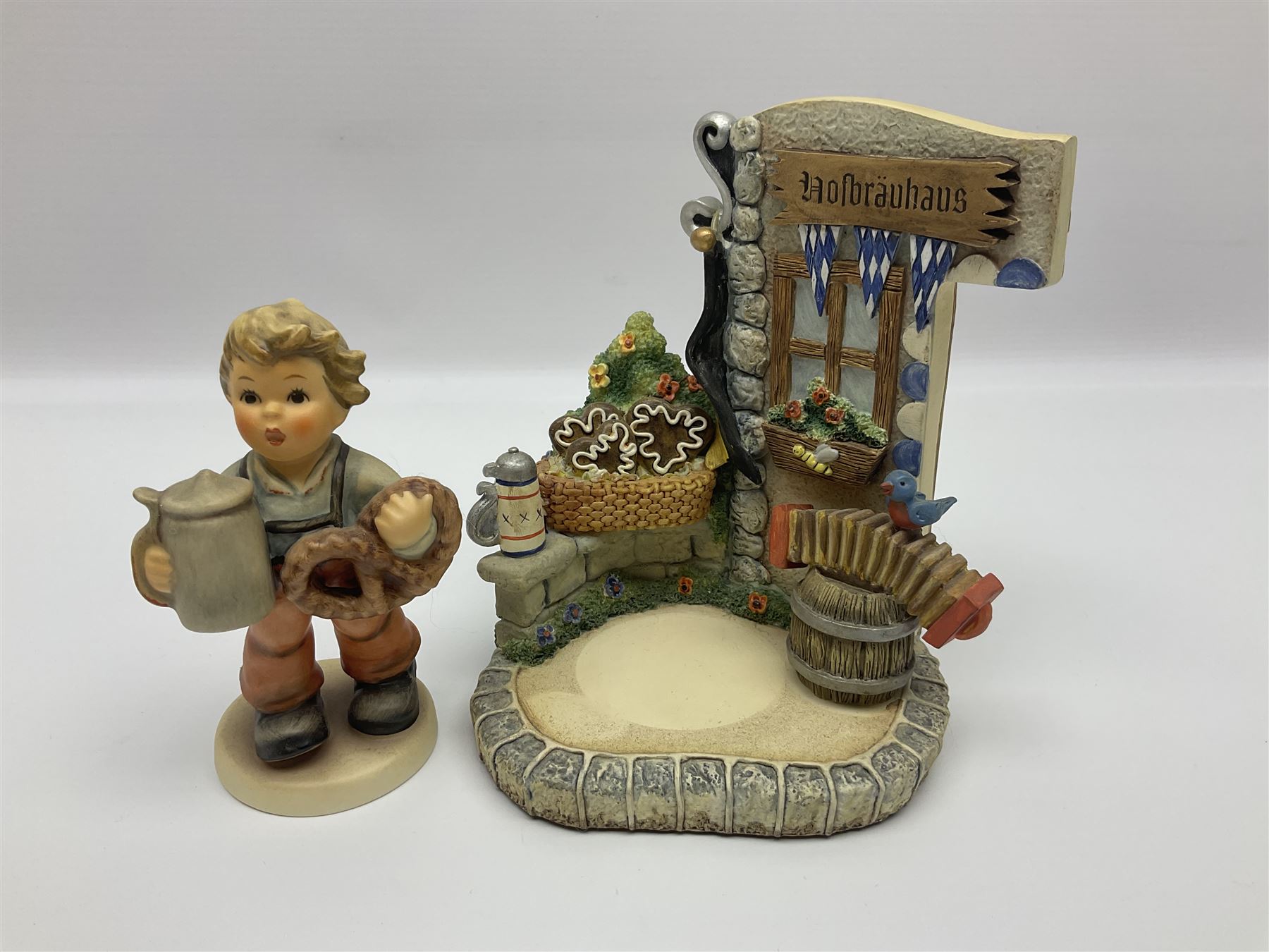 Nine Hummelscapes by Goebel, to include Bavarian Bire Garten, Cuck Crossing, Fisherman's Feast, Strudel Haus etc, each with associated Hummel figures, tallest H14cm 