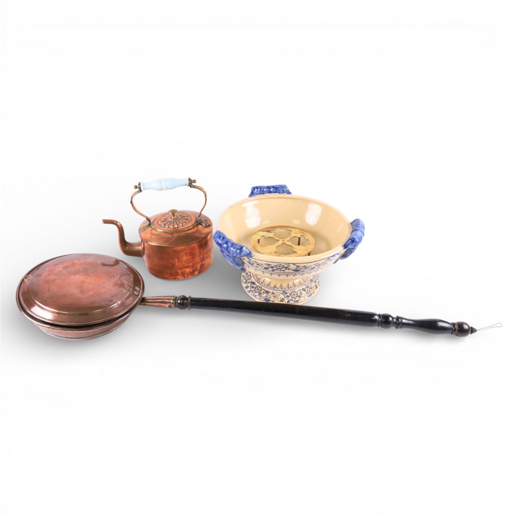 Copper kettle, warming pan and large pedestal bowl