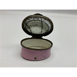 Late 18th century Staffordshire enamel patch box, of oval form with pink base, the hinged cover inscribed 'Have Communion with few, Be familiar with One, Deal justly with All, Speak evil of none' upon a white ground, opening to reveal mirror beneath, W4cm
