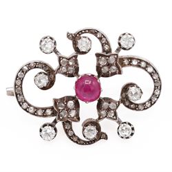 19th century French 18ct white gold ruby and diamond brooch by Eugène Fontenay, centrally ...
