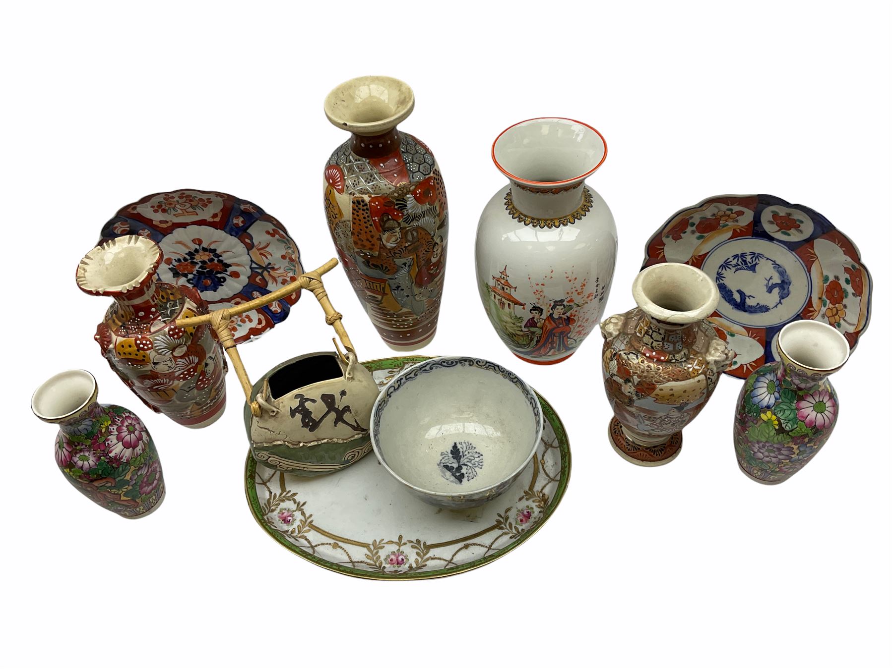 Collection of mostly Oriental ceramics, to include three 20th century Japanese Satsuma vases, two Japanese Imari plates, etc. 