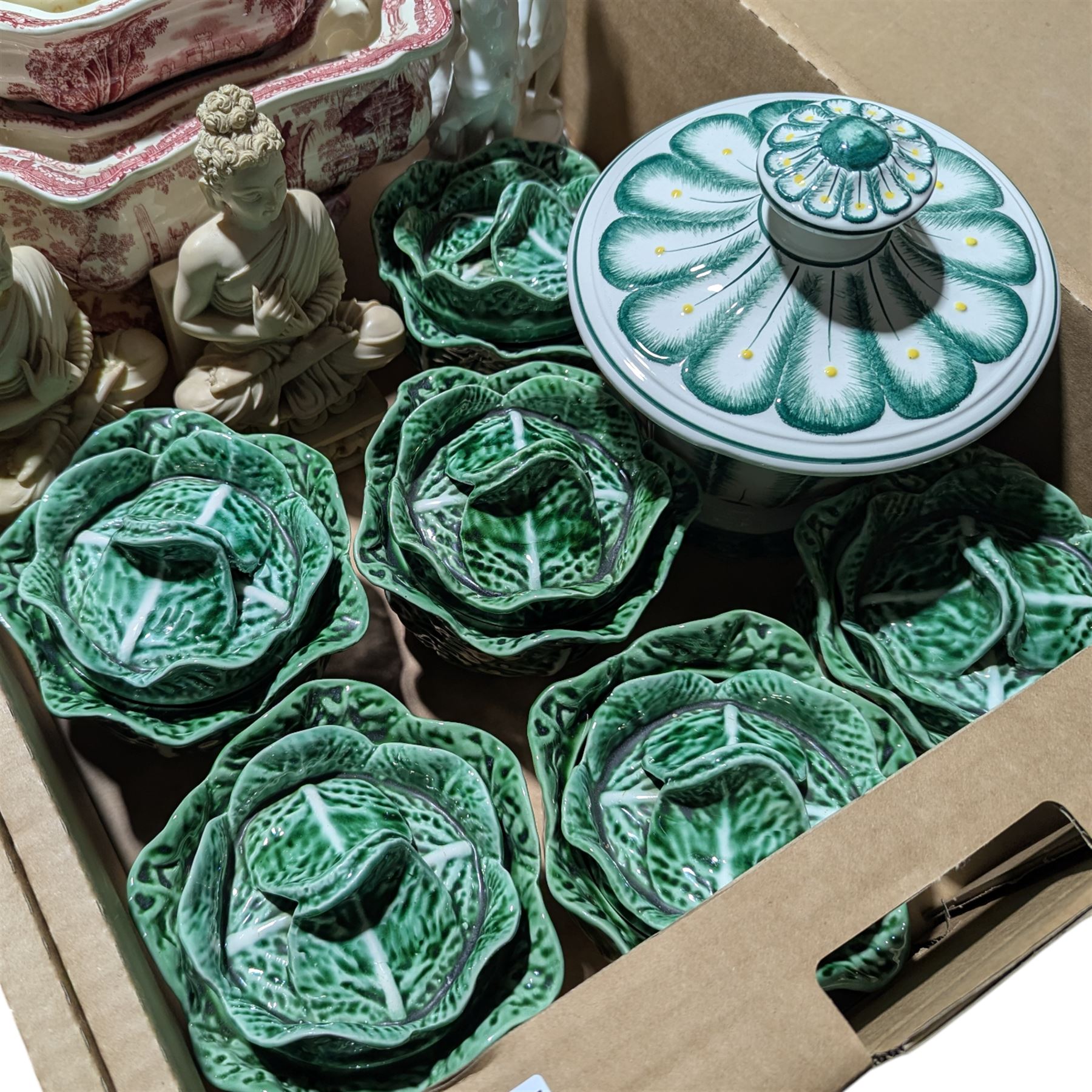 Set of six cabbage leaf  shaped covered dishes, set of four 'Elizabethan' coffee cups and saucers, Italian vase and covers, pair of classical figures, etc in two boxes
Provenance: from the Kirkham Hall estate. 