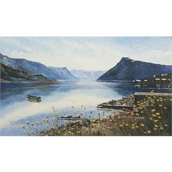 Dallas K Taylor (British 1941-2011): 'Lusterfjord', oil on canvas signed, titled and dated 1993 verso together with After Dawn Matthews (British contemporary): 'Druids Loch', limited edition screen print signed titled and numbered 85/150 max 44cm x 75cm (2)